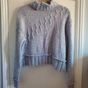 Inexclsv Blue Chunky Knit Turtleneck Sweater Exposed Hem Size S Boho Boxy Fit